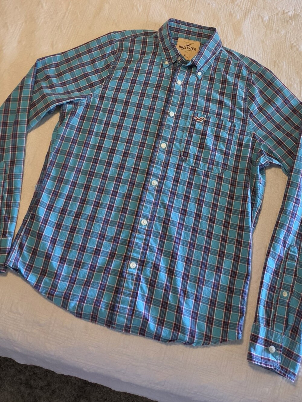 Hollister Blue Teal Plaid Button-Down Shirt, Size XL (Slim Fit)
